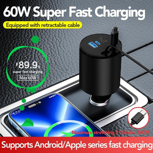 Retractable Car Charger, 4 in 1 Super Fast Car Phone Charger 60W, 2 Retractable Cables and 2 USB Ports Car Charger Adapter,Compatible with iPhone 16/15/14/13/12/11,Air-Pods 4,Galaxy,Pixel