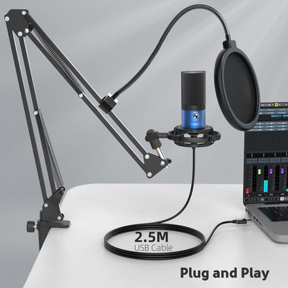 FIFINE USB Recording PC Microphone Kit, Computer Condenser Cardioid Mic on Mac Windows PS4/PS5, for Streaming, Podcasting, Gaming, Video, Home Use, with Gain Knob, Arm Stand-T669 Blue
