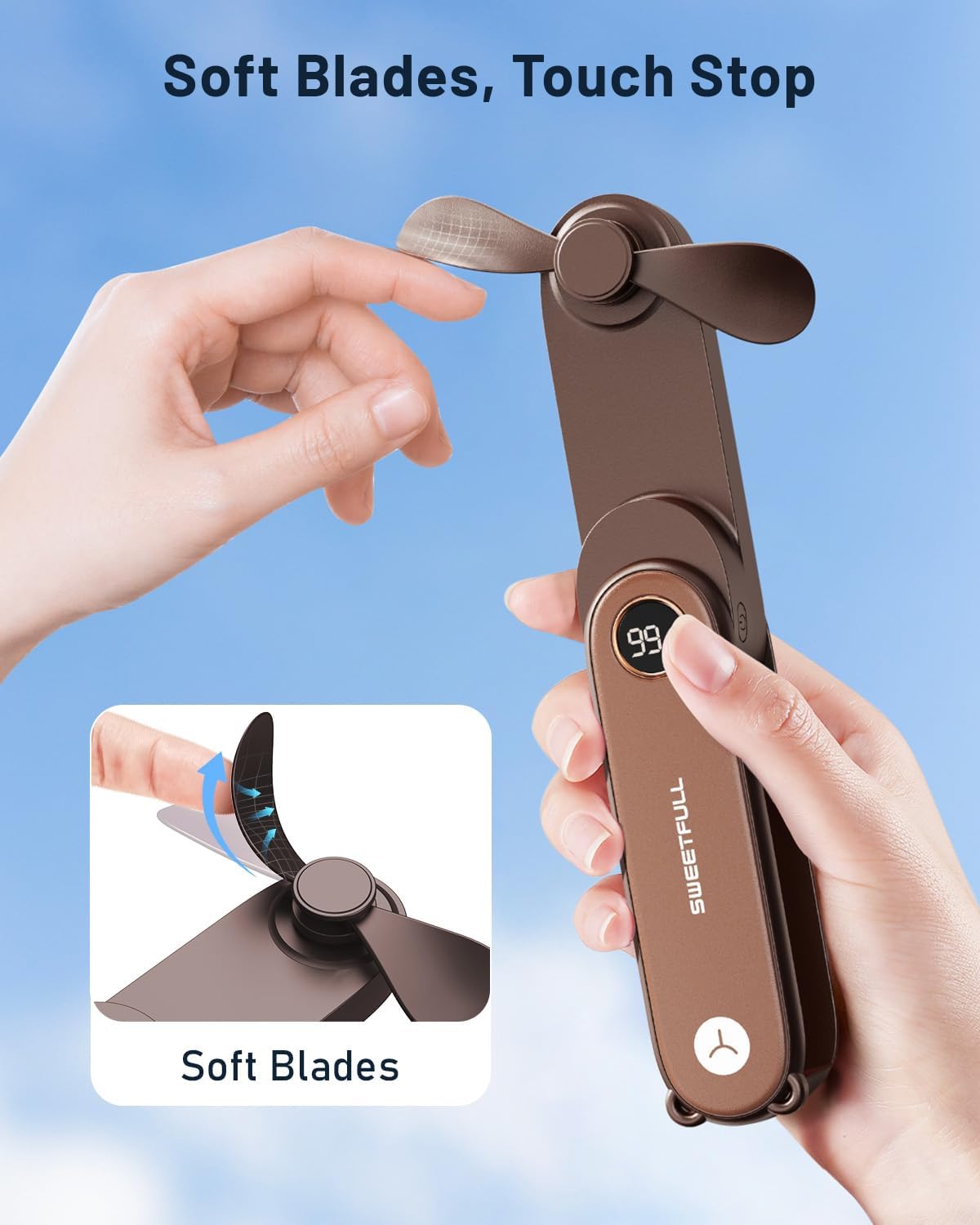 SWEETFULL Portable Handheld Mini Fan with LED Display, 3-in-1 Personal Foldable USB Rechargeable Hand Held Fan & Flashlight for Travel, Lash Eyelash, Cute Small Pocket for Women, Girls