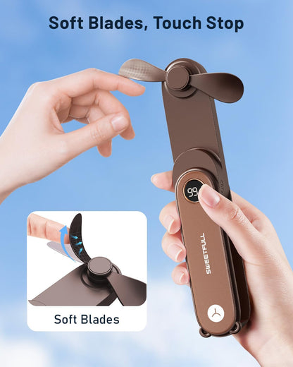 SWEETFULL Portable Handheld Mini Fan with LED Display, 3-in-1 Personal Foldable USB Rechargeable Hand Held Fan & Flashlight for Travel, Lash Eyelash, Cute Small Pocket for Women, Girls