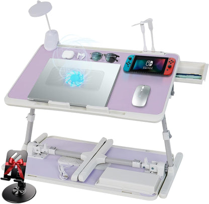 Laptop Lap Desk Include Cooling Fan,Adjustable Lap Desk with Light Fan,Folding Laptop Desk for Bed with USB,Bed Desk with Storage Drawer 56x32cm,Purple