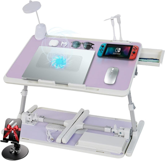 Laptop Lap Desk Include Cooling Fan,Adjustable Lap Desk with Light Fan,Folding Laptop Desk for Bed with USB,Bed Desk with Storage Drawer 56x32cm,Purple