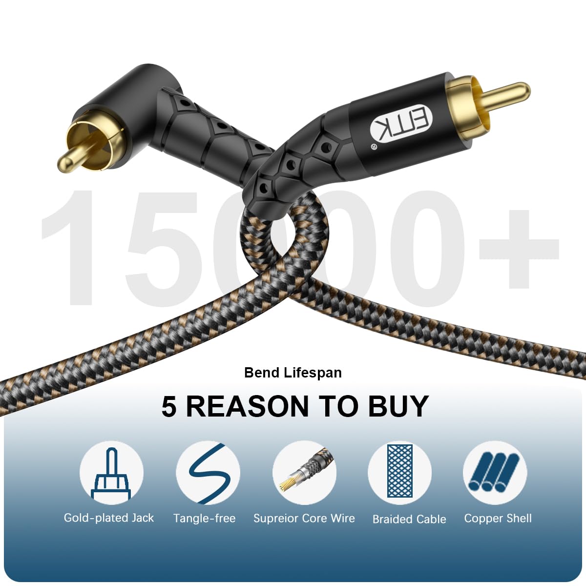 EMK 90 Degree RCA Subwoofer Cable 24K Gold-Plated Connector Nylon Braided Double Shielded – Support Digital & Analog Signals for Amplifier, Home Theater, Hi-Fi System,Subwoofer Black/10ft/3m