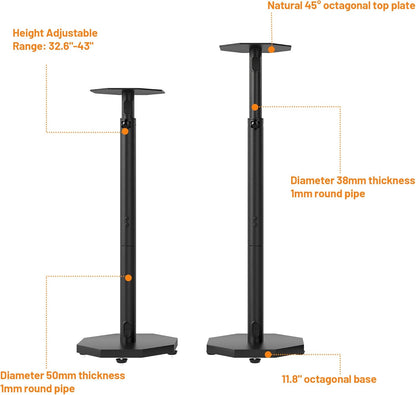 Universal Floor Speaker Stands Pair,Surround Sound Bookshelf Speaker Stands Support Up to 22 lbs for Home Theater Studio, 32.6" to 43" Height Adjustable