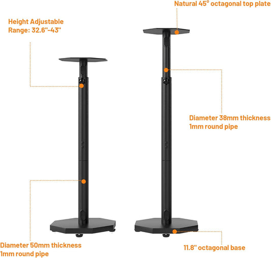Universal Floor Speaker Stands Pair,Surround Sound Bookshelf Speaker Stands Support Up to 22 lbs for Home Theater Studio, 32.6" to 43" Height Adjustable