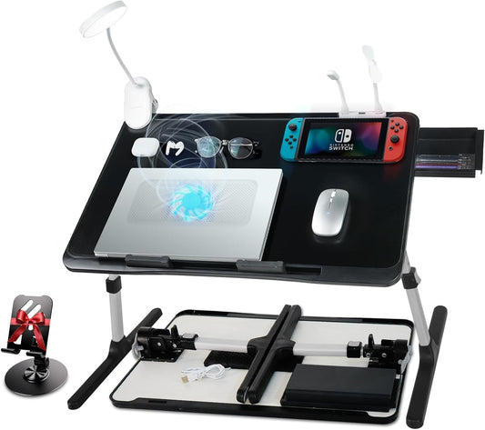 Laptop Lap Desk Include Cooling Fan,Adjustable Lap Desk with Light Fan,Folding Laptop Desk for Bed with USB,Bed Desk with Storage Drawer 60 * 40cm,Black