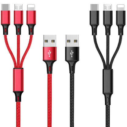 Multi Charging Cable, 4ft 2Pack Multi Phone Charger Cable Braided Universal 3 in 1 Charging Cord Extra Long Multiple USB Cable with USB C, Micro USB Port Connectors for Cell Phones and More（Red+Black)