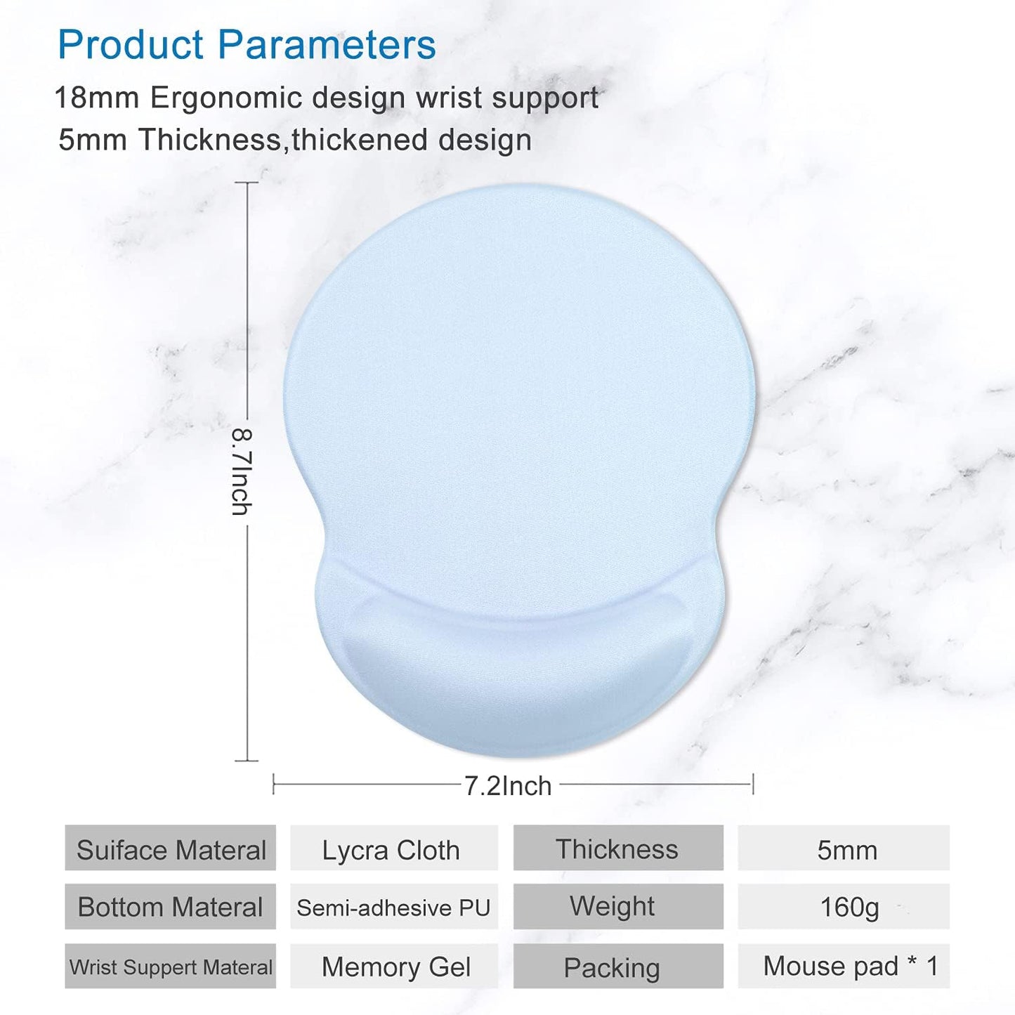 ITNRSIIET Ergonomic Mouse Pad with Gel Wrist Support Small Wrist Rest Smooth Surface Non-Slip PU Base Comfortable Office Supplies Pain Relief, 8.7 x 7.2 inches, Blue