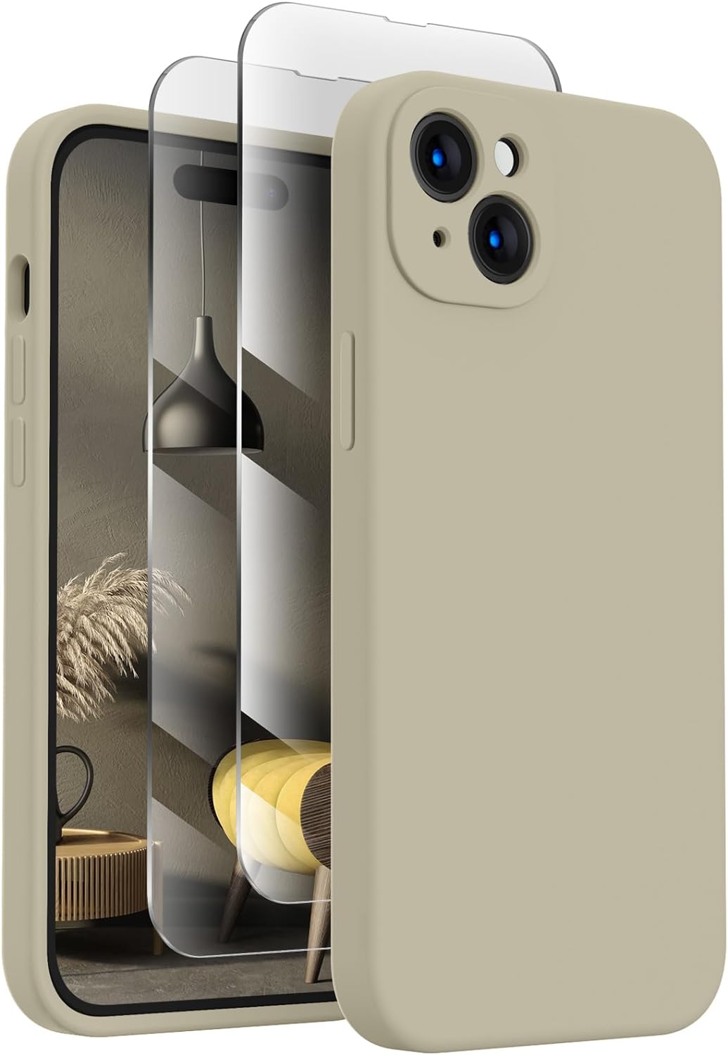 FireNova Designed for iPhone 15 Plus Case, Silicone [Camera Protection] Case with [2 Screen Protectors], Soft Anti-Scratch Microfiber Lining Inside, 6.7 inch, Khaki