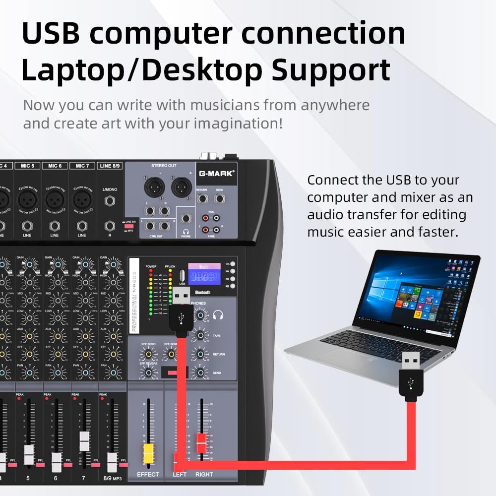 G-MARK MR80S Audio Mixer Interface USB Bluetooth Mixing Console 8 Channel 48V Phantom Power Sound Board Music Reverb For PC Stage DJ Studio Sound Controller Analog Mixer