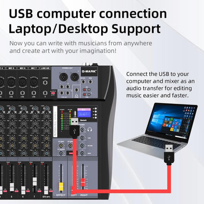 G-MARK MR80S Audio Mixer Interface USB Bluetooth Mixing Console 8 Channel 48V Phantom Power Sound Board Music Reverb For PC Stage DJ Studio Sound Controller Analog Mixer