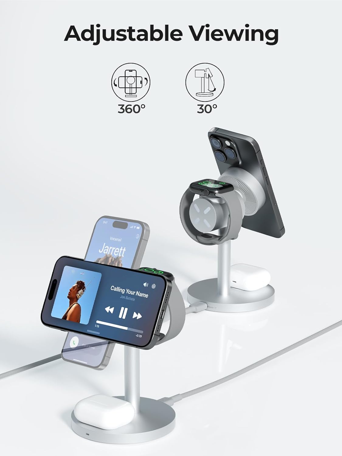 MagFusion 3-in-1 Charging Station Compatible with MagSafe, Qi2 Certified 15W Wireless Charger Stand, Magnetic Charger for iPhone 16/15/14/13/12, Apple Watch, AirPods, Silver