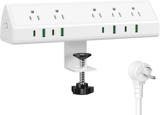 45W Fast Charging Station,Desk Clamp Power Strip,4 PD USB-C Ports,5 AC Outlets,Surge Protector Power Strip, 14AWG Heavy Duty Cord, Fits 1.9" Tabletop Edge (White, 15 FT Cable)