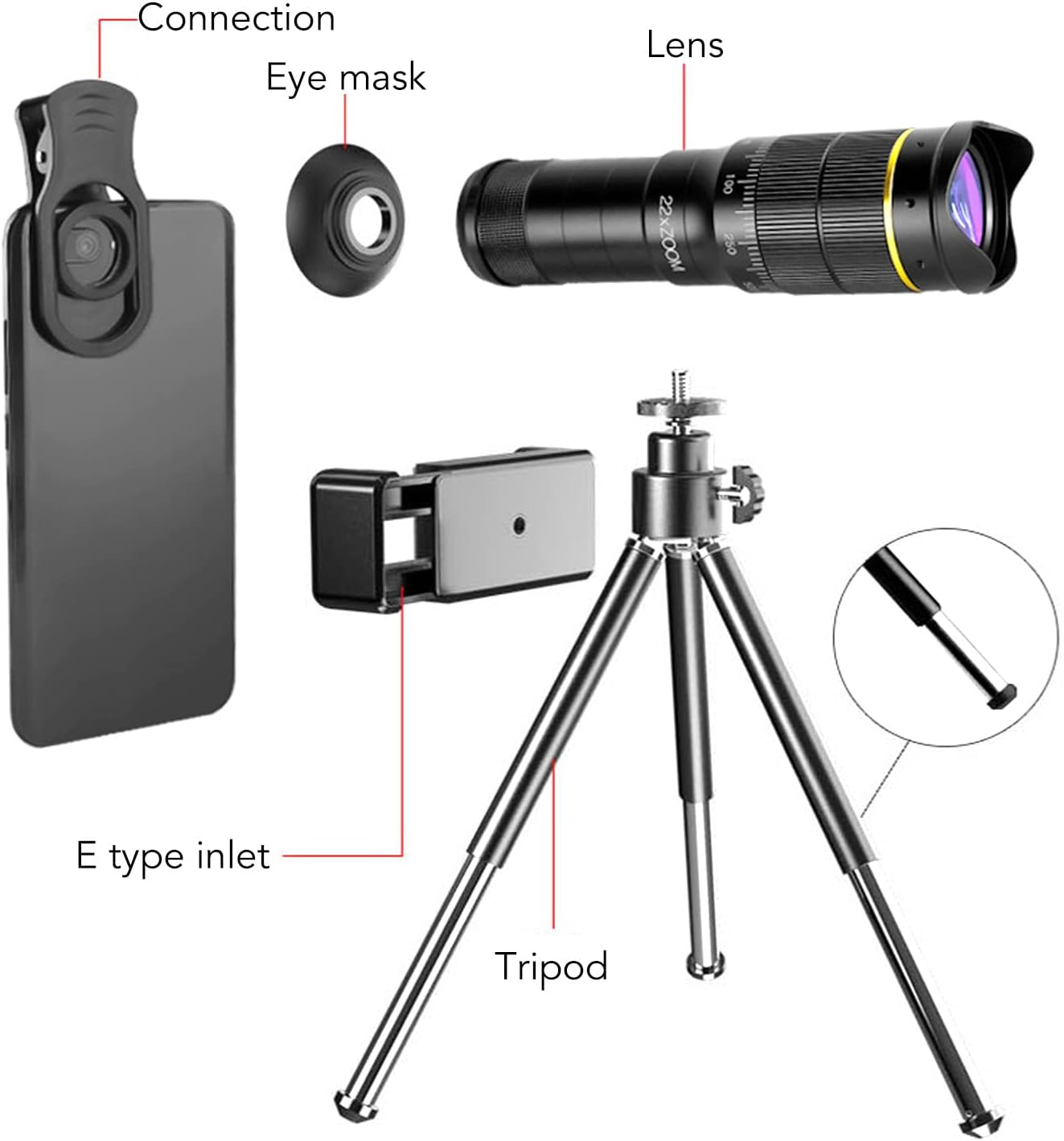 Portable 32X Phone Camera Lens HD Zoom Lens Clip On, Double Adjustment Eyepiece System, Large Aperture Objective Lens, Multiple Use Modes, Widely Applicable for Photo Video