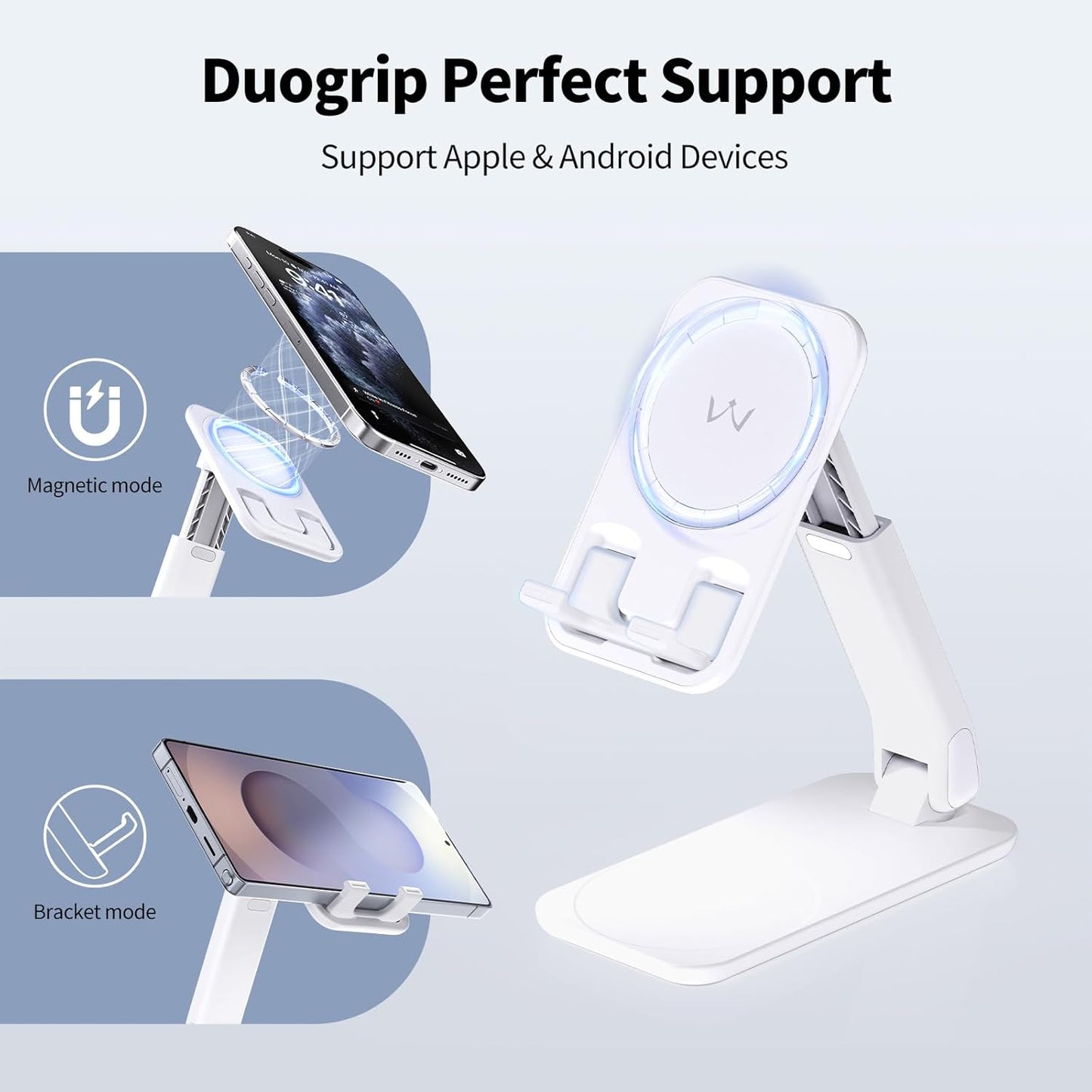 iWALK Magnetic Cell Phone Stand for Desk, Angle and Height Adjustable Mobile Phone Holder, Foldable Magnet Stand for iPhone 16 15 14 13 12 Pro Max and iPad, Cell Phone Holder for Samsung Galaxy, White