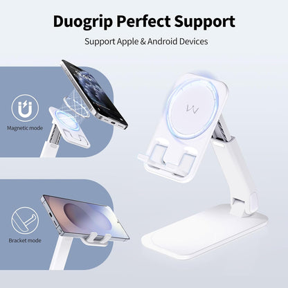 iWALK Magnetic Cell Phone Stand for Desk, Angle and Height Adjustable Mobile Phone Holder, Foldable Magnet Stand for iPhone 16 15 14 13 12 Pro Max and iPad, Cell Phone Holder for Samsung Galaxy, White