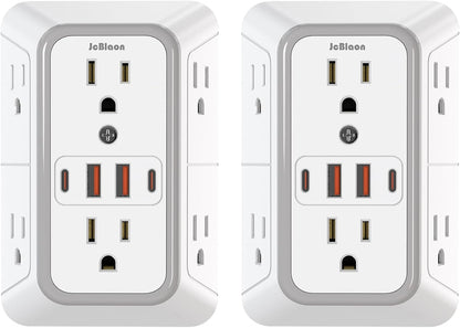 2 Pack Outlet Extender Surge Protector, 6 Outlet Splitter with 4 USB Outlet (2 USB A,2 USB C), 3Sided Power Strip with Adapter Spaced Outlets for Home, Office, Travel(White)