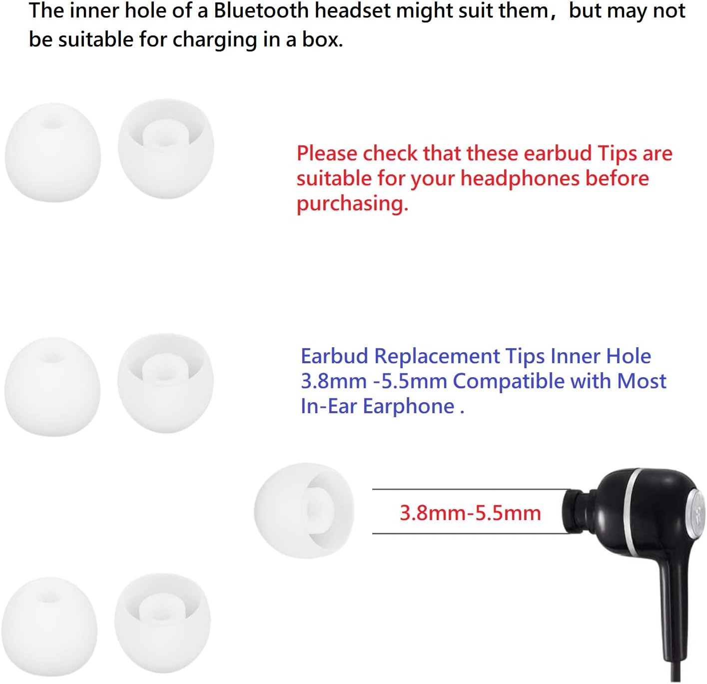 36 Pieces Large Earbud Tips Soft and Comfortable Silicone Earbud Tips Ear Bud Replacement Pieces Silicone Fit Most in-Ear Headphones，Inner Hole 3.8mm -5.5mm，Large White Earbuds Silicone Tips