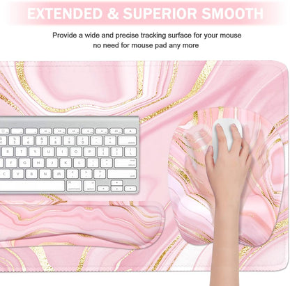 Keyboard Wrist Rest Large Mouse Pad Wrist Support for Computer, 4 in 1 Memory Foam Keyboard Pad Desk Mat Ergonomic Hand Rest Wrist Cushion for Home Office Gaming - Pink Marble