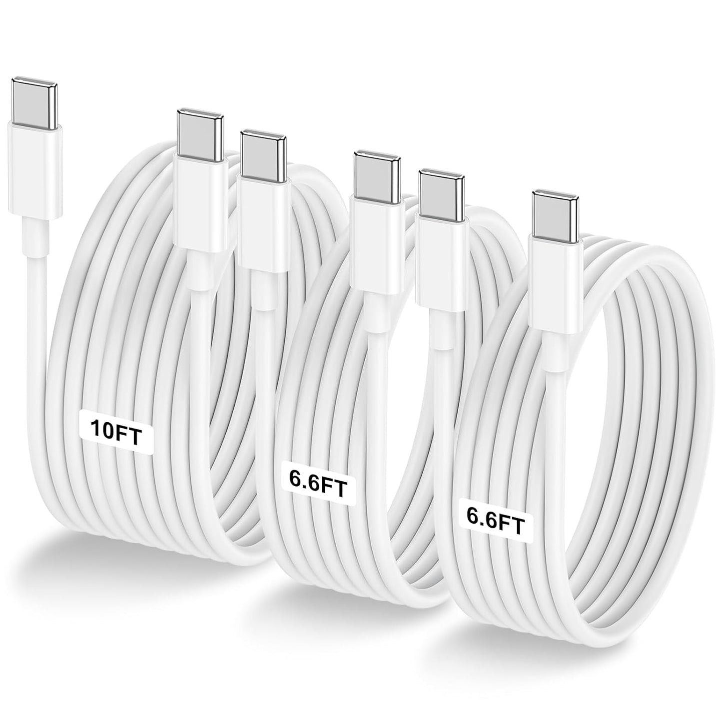 3-Pack [6.6FT+6.6FT+10FT] 60W USB C to USB C Cable, Type C to Type C Cable,Fast Charging Cable for iPhone 16 15 Pro Plus Pro Max，for Galaxy S24 S23, for iPad Pro/Air, for MacBook Pro/Air and More