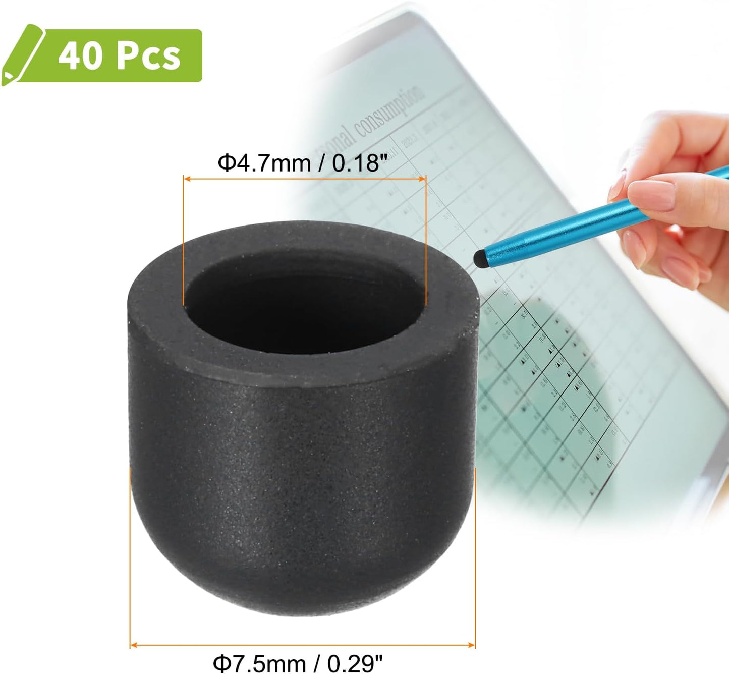 MECCANIXITY 40Pcs Replacement Stylus Pen Tips 7.5mm Conductive Capacitive Touch Screen Pens Tips Silicone Rubber, Black