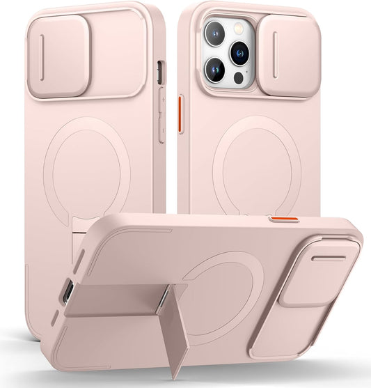 SURITCH for iPhone 13 Pro Max/12 Pro Max Case with Magnetic Camera Slide Cover and Adjustable Kickstand, Compatible with MagSafe, Shockproof Bumper Case Slim Protective Cover 6.7 Inch, Pink