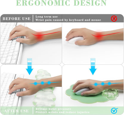 Gel Cloud Keyboard and Mouse Wrist Rest, Cute Wrist Support and Arm Support Rest for Typing Pain Relief，Suitable for Office/Computer/Laptop/Gaming Set-Green