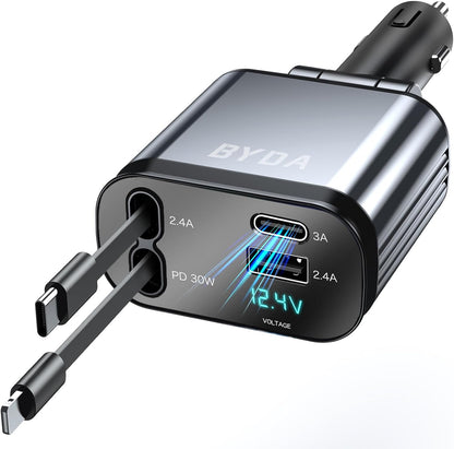 Fast Charger 4 in 1 Retractable Car Charger 69W with Starry Light,USB-C Fast Car Accessories,Compatible with All iPhones All Android Phones (Grey, Lightning & USB-C/Without Starry)