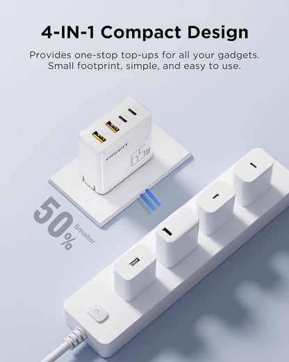 PISEN 65W USB C Fast Charger - 4FT USB-C Cable, 4-Port Compact Foldable GaN Charger, PPS for MacBook Pro/Air, iPad Pro, Galaxy S23, iPhone Series