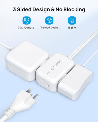 TROND 360° Rotating Flat Plug Extension Cord Surge Protector 10ft, Small Power Strip with 900 Joules, 3 Side Grounded Outlets, 13A, SPT 16/3 Gauge Wire, for Indoor Home Office Dorm Essentials, White