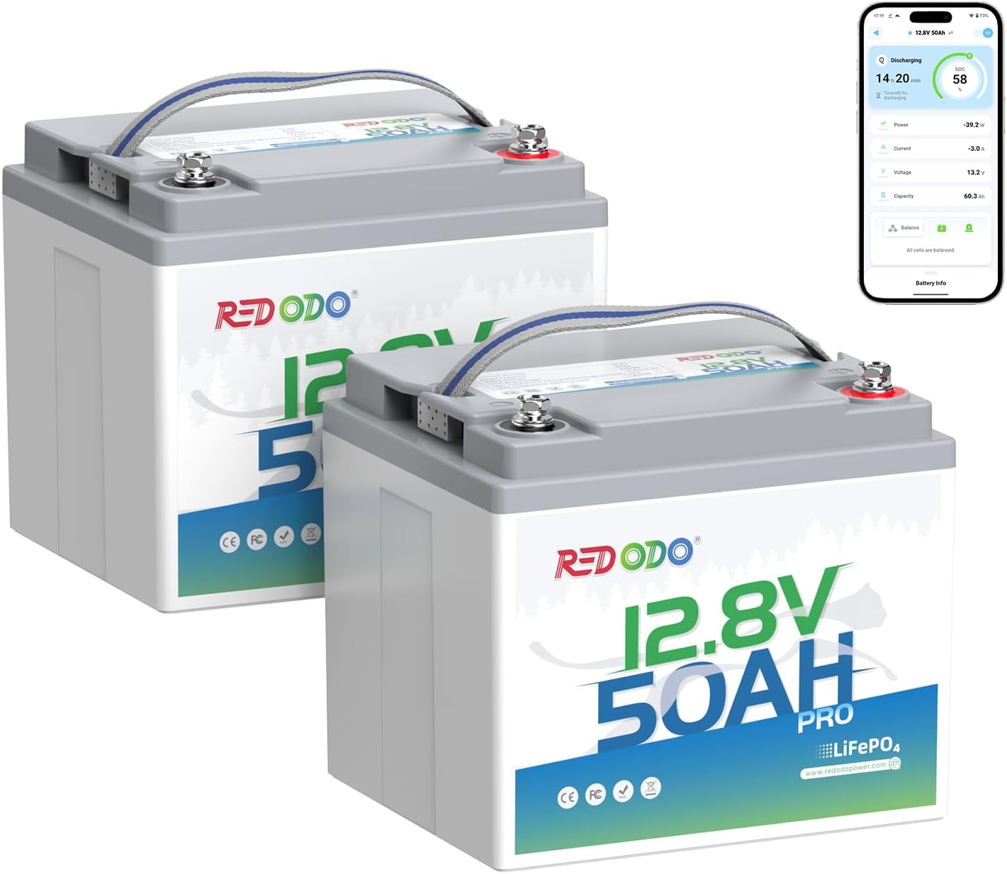 Redodo Smart Bluetooth 12V 50Ah LiFePO4 Lithium Battery for Trolling Motor, Low-Temp Protection, 10 Years Lifetime, Lightweight & Portable Perfect for RV, Solar, Boat Marine and Camping 2 Pack