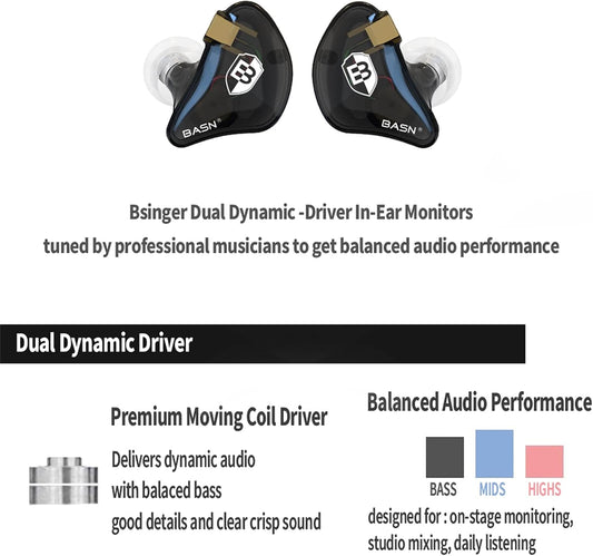 BASN Bsinger PRO in Ear Monitor Headphones for Musicians, Dynamic Driver Noise Isolating Earphones with 2 Detachable MMCX Cables (Black)