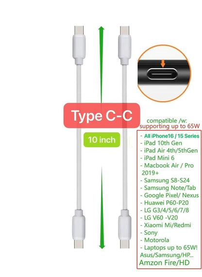 10-Pack Multi Short USB Cables & TypeC-C Cables for Charging Stations Compatible/w iPhone16/15, iPhone5-14/ iPads/iPad mini/iPad Pros/Samsung Moblies & Tablets/Pixel & Nexus/HTC/Sony(White)
