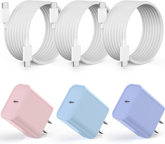 [3Pack] 20W USB C Fast Charger iPhone 16 Fast Charging, Apple 15 Charger Block 6ft C to C Long Charging Cable Cord for iPhone 16/16e/16 Pro/16 Pro Max/iPhone 15 Series/iPad Air/Mini(Pink+Blue+Purple)