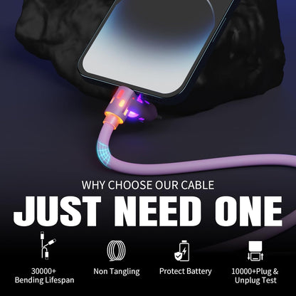 USB C Cable,240W 4 in 1 Charging Cable 4FT,Charging Cable Fast Charging & Data Sync,Multi USB Cable with Breathing Light,Charger Cord for iPhone 16/15 14 Samsung MacBook iPad Tablets,Purple