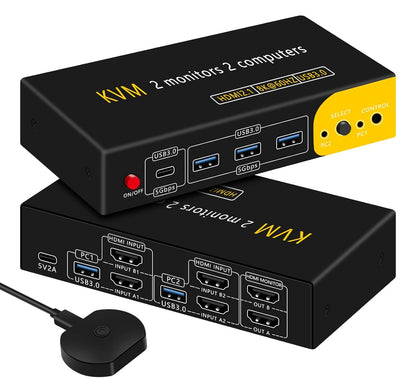 HDMI kvm Switch 2 Monitors 2 Computers Dual Monitor kvm Switch,8K@60HZ, 3*USB3.0&1*USB C, KVM switches 2 Computers 2 Monitors 1 Monitors(USB3.0+8KHDMI)