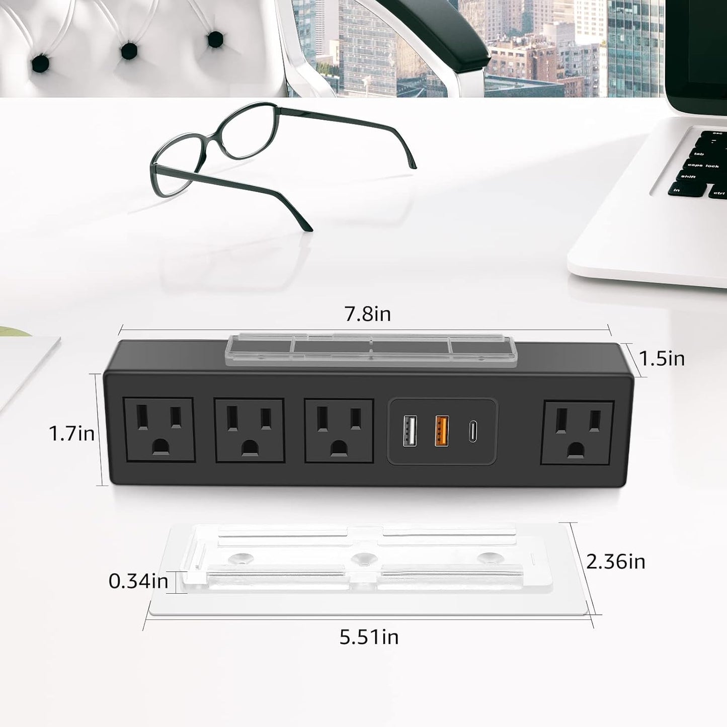 HHSOET Under Desk Power Strip with 3M Adhesive, Removable Under Desktop Mount Plug with Fast Charging USB C and USB A Ports, 4 Outlet Under Table Surge Protector 1200J, 6FT Extension Cord. (Black)