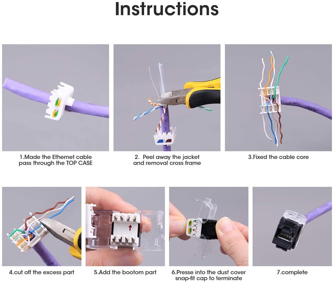 AMPCOM CAT6 Keystone Jack Tool-Less RJ45 UTP, No Punch-Down Tool Required Module Coupler 12-Pack Black