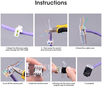 AMPCOM CAT6 Keystone Jack Tool-Less RJ45 UTP, No Punch-Down Tool Required Module Coupler 12-Pack Black