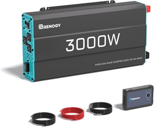 Renogy Inverter P2 3000 watt Pure Sine Wave Inverter, Solar Car Power Inverter 12V to 120V AC Converter for RV, Truck, Camping, Home Backup, Outdoor, Emergency, Off-Grid Living, 16.4FT Remote Control