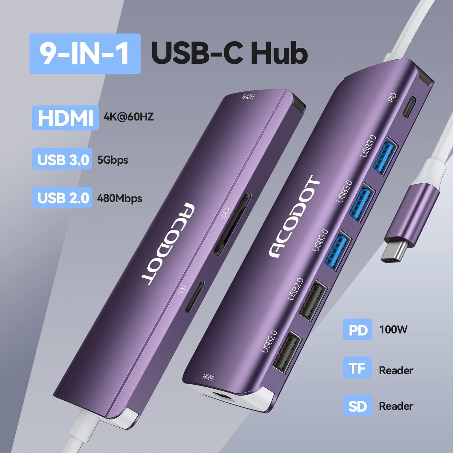 Acodot 9 in 1 USB C Hub - 4K@60Hz HDMI Adapter, 3 USB 3.0 Ports, SD/TF Card Reader, 100W PD, Multiport Adapter for MacBook Pro, Air, HP, XPS, Purple