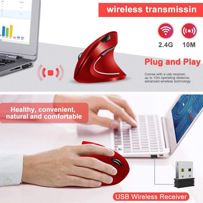 Vassink Ergonomic Rechargeable Wireless Mouse, 2.4Hz Rechargeable Wireless Vertical Optical Mice with USB Receiver, 6 Buttons, 800/1200/1600 DPI RED