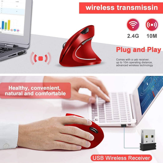 Vassink Ergonomic Rechargeable Wireless Mouse, 2.4Hz Rechargeable Wireless Vertical Optical Mice with USB Receiver, 6 Buttons, 800/1200/1600 DPI RED