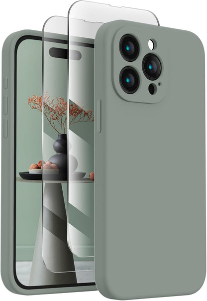 FireNova Designed for iPhone 15 Pro Max Case, Silicone Upgraded [Camera Protection] Phone Case with [2 Screen Protectors], Soft Anti-Scratch Microfiber Lining Inside, 6.7 inch, Calke Green