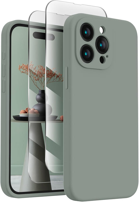 FireNova Designed for iPhone 15 Pro Max Case, Silicone Upgraded [Camera Protection] Phone Case with [2 Screen Protectors], Soft Anti-Scratch Microfiber Lining Inside, 6.7 inch, Calke Green