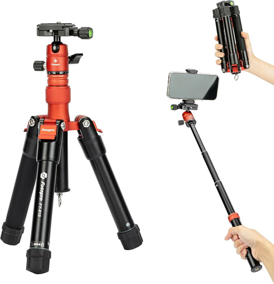 Fotopro Mini Tripod with Ball Head Phone Mount Detachable Selfie Stick Folded only 8.6" Max Load up to 6.6 lbs FY-810 Orange