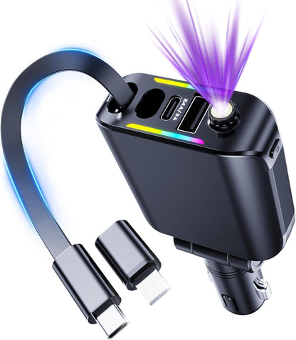 [2025 Ultra-Slim, 75% Less Space] Retractable Car Charger with Starlight, Max 120W USB C Car Charger Adapter, Cars Phone Chargers Fast Charging, Car Chargers for iPhone 16 15 Pro Max Plus and Android