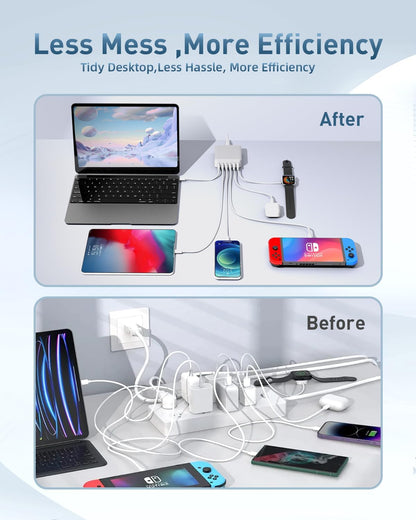 MSTJRY Charging Station for Multiple Devices : 130W 6 Port GaN Fast USB C Charger Station, Compact Multi Port PD 65W 45W Charger for MacBook Pro/Air/iPad iPhone 16 15/14/13/Pro Max/Galaxy