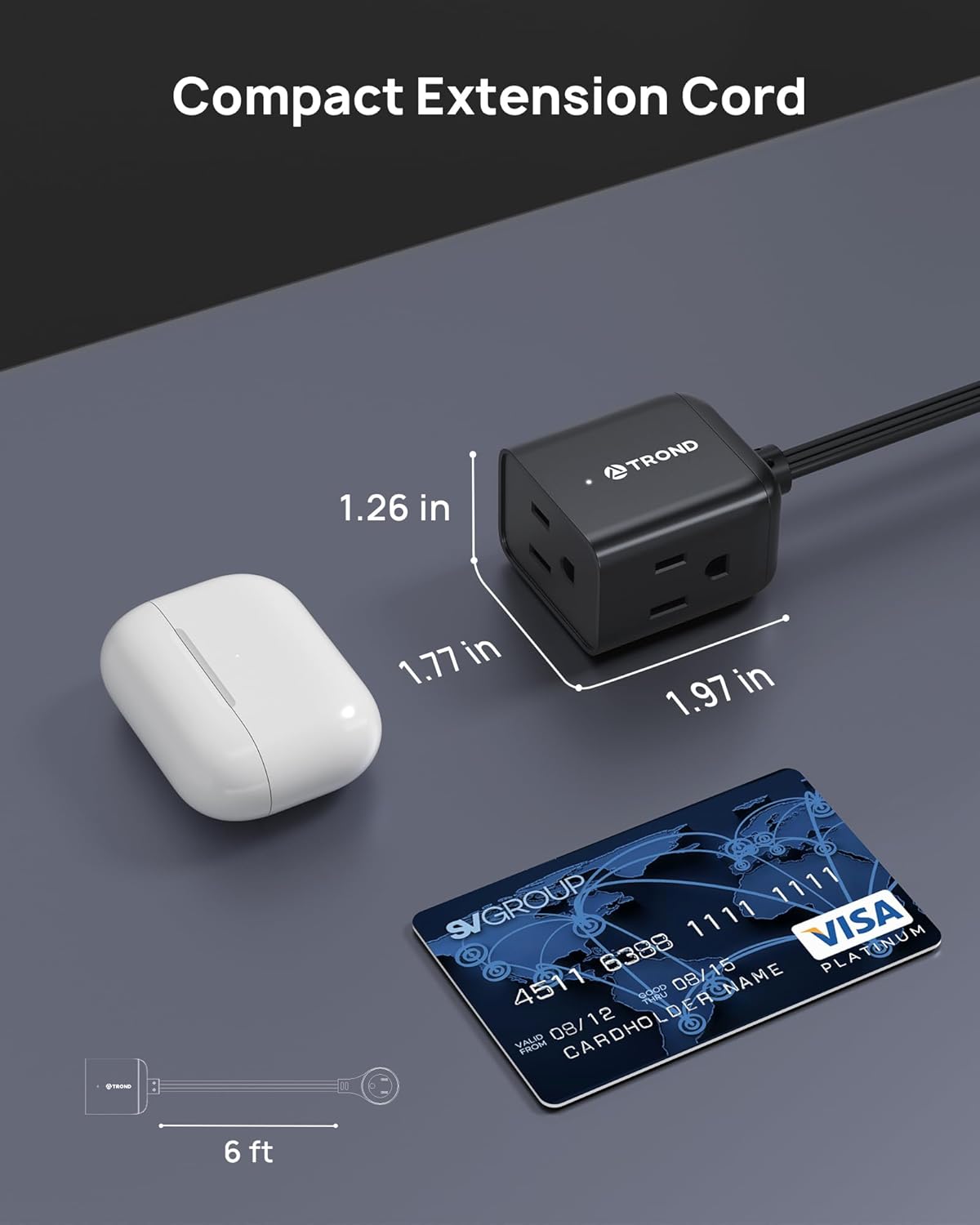 TROND 360° Rotating Flat Plug Extension Cord 6ft, Low Profile Small Power Strip, 3 Side Grounded Outlet, 13A, SPT 16/3 Gauge Cable for Indoor Home Office Kitchen Cruise Travel Essentials, Black