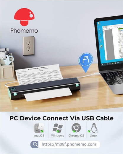 Phomemo Portable Printers Wireless for Travel, M08F Inkless Thermal Printer Support for 8.5"x11" US Letter, Small Bluetooth Printer Compatible with Phone, Laptop for Car, Office, Home Use, School